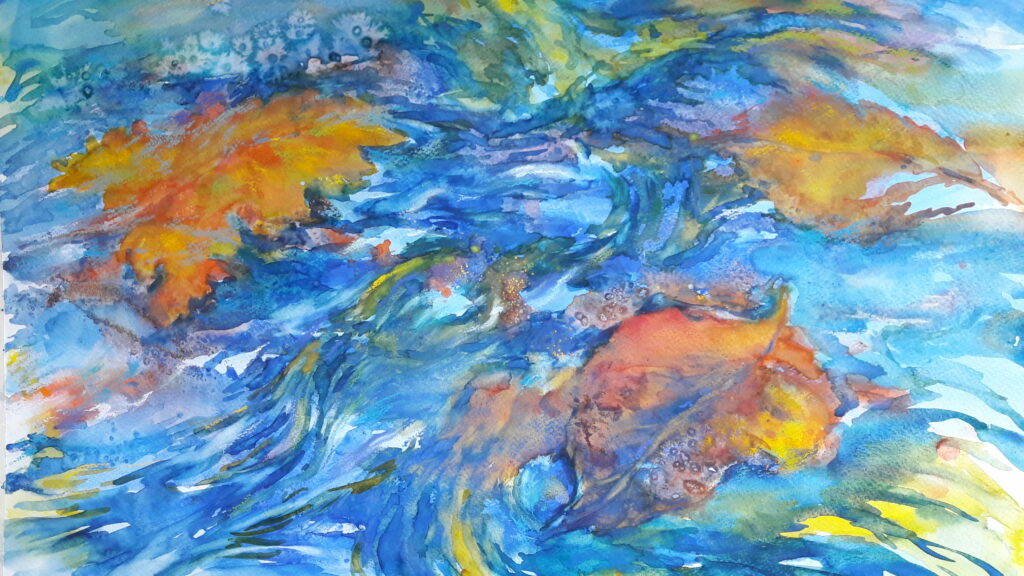 Au fil de l&rsquo;eau- aquarelle et pastel 40X70