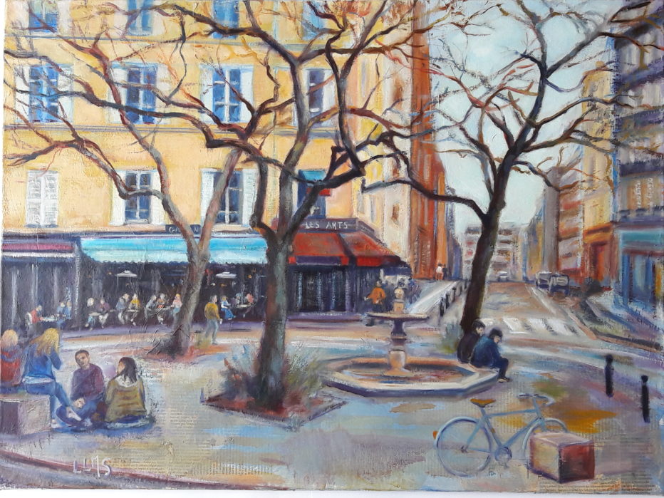 La Contrescarpe par temps calme – Acrylique sur Toile 54 x 73