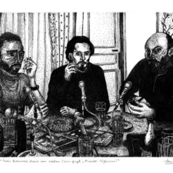 Trois hommes dans un salon (Van Gogh, Picasso, Cézanne) – Eau-forte – 15 x 20 cm – Février 2017 