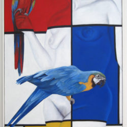 librement d’après Mondrian, aux aras (2012) huile sur toile, 120 x 80 cm plus cadre 