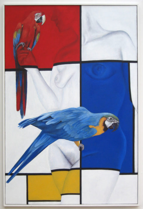 librement d’après Mondrian, aux aras (2012) huile sur toile, 120 x 80 cm plus cadre