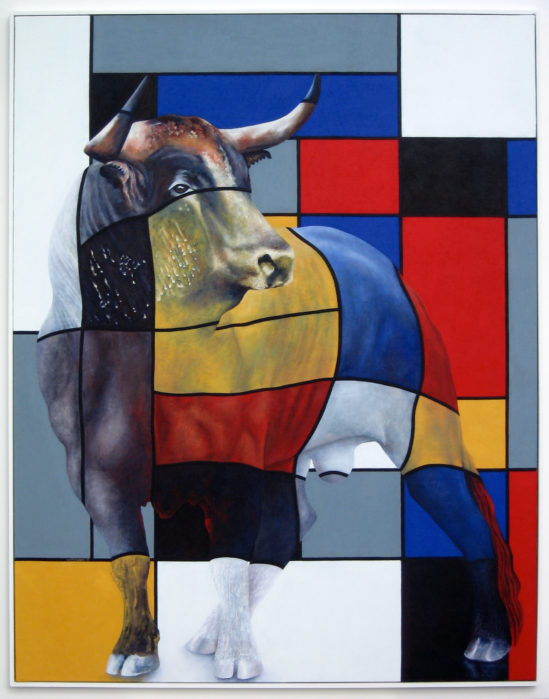 librement d’après Mondrian, au taureau (2015) huile sur toile, 146 x 114 cm plus cadre