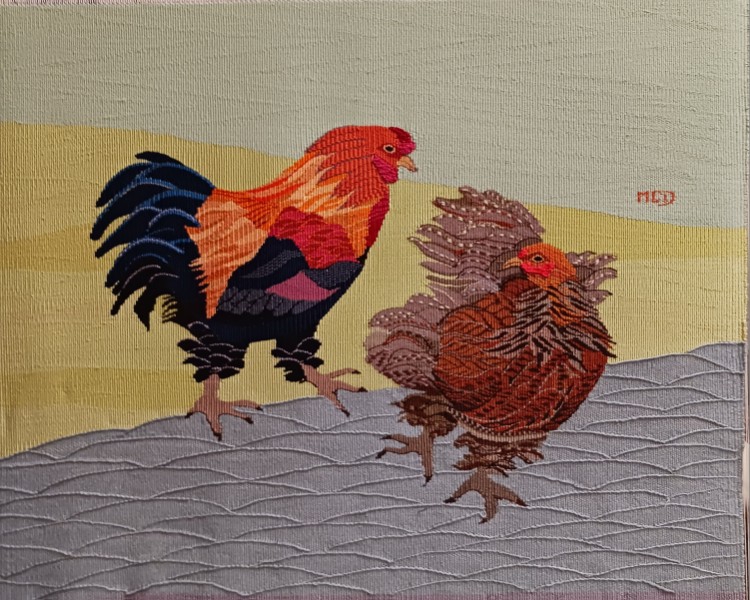 Coq et poule hollandais. Me to? Tapisserie Coton lin. (60×50 cm)