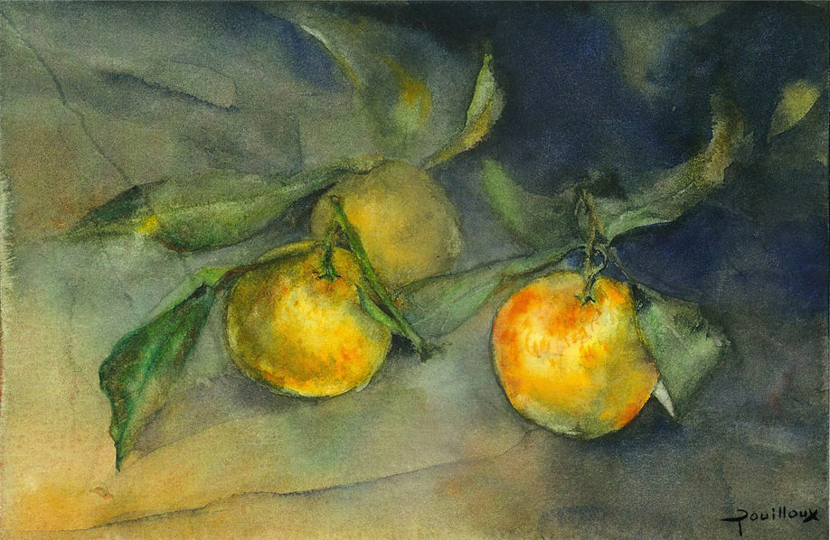 Aquarelle – 3 clémentines en pénombre