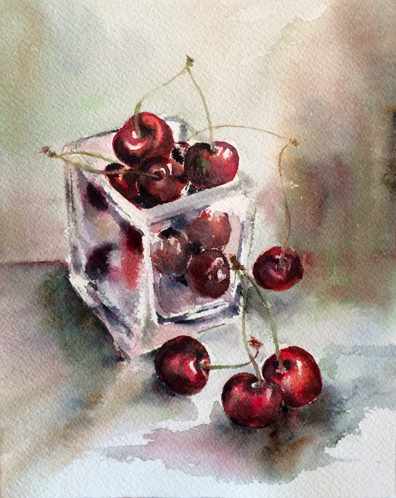 Aquarelle – Cerises et petit pot de verre